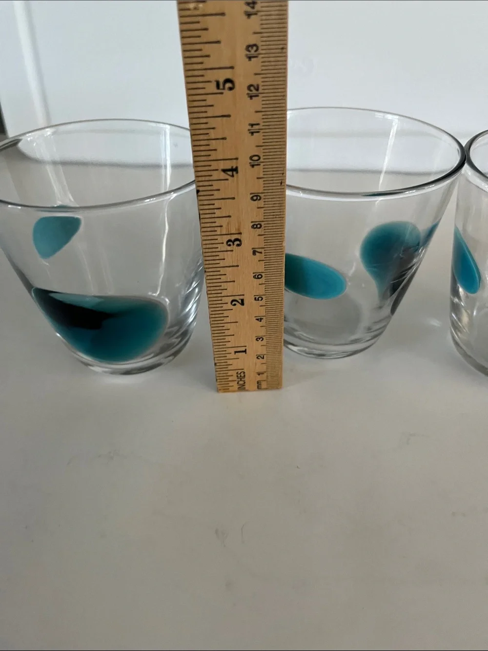 3 VTG Ikea Fabulos hand blown glass tumblers aqua thumb print dots Gunnel Sahlin